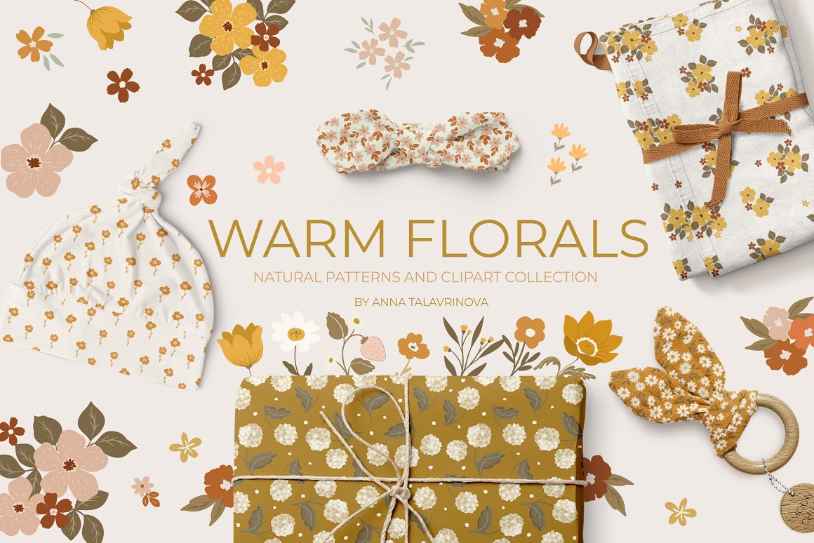 Cover with dirty brown letetring "Warm Florals" and different children's products with warm florals patterns.