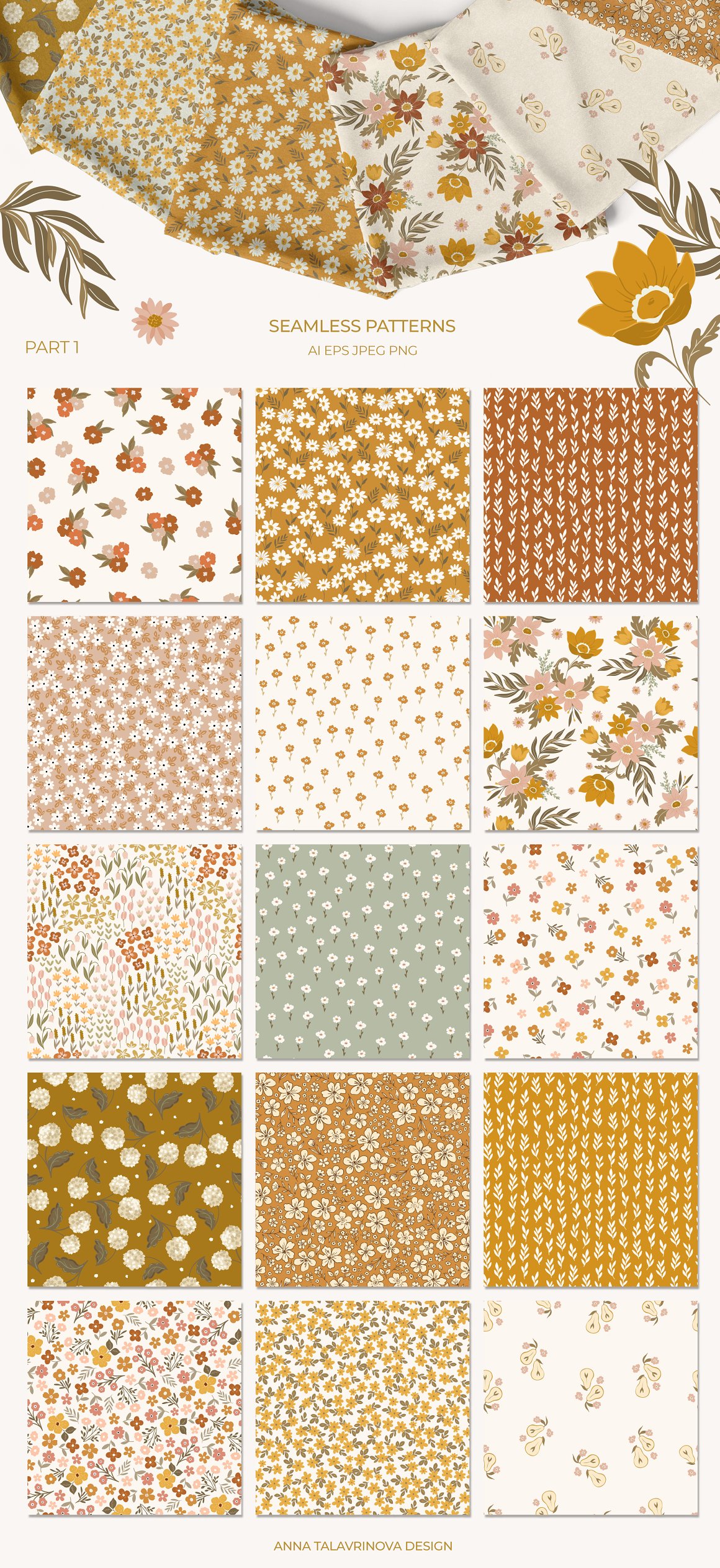 A set of 15 different warm florals patterns.