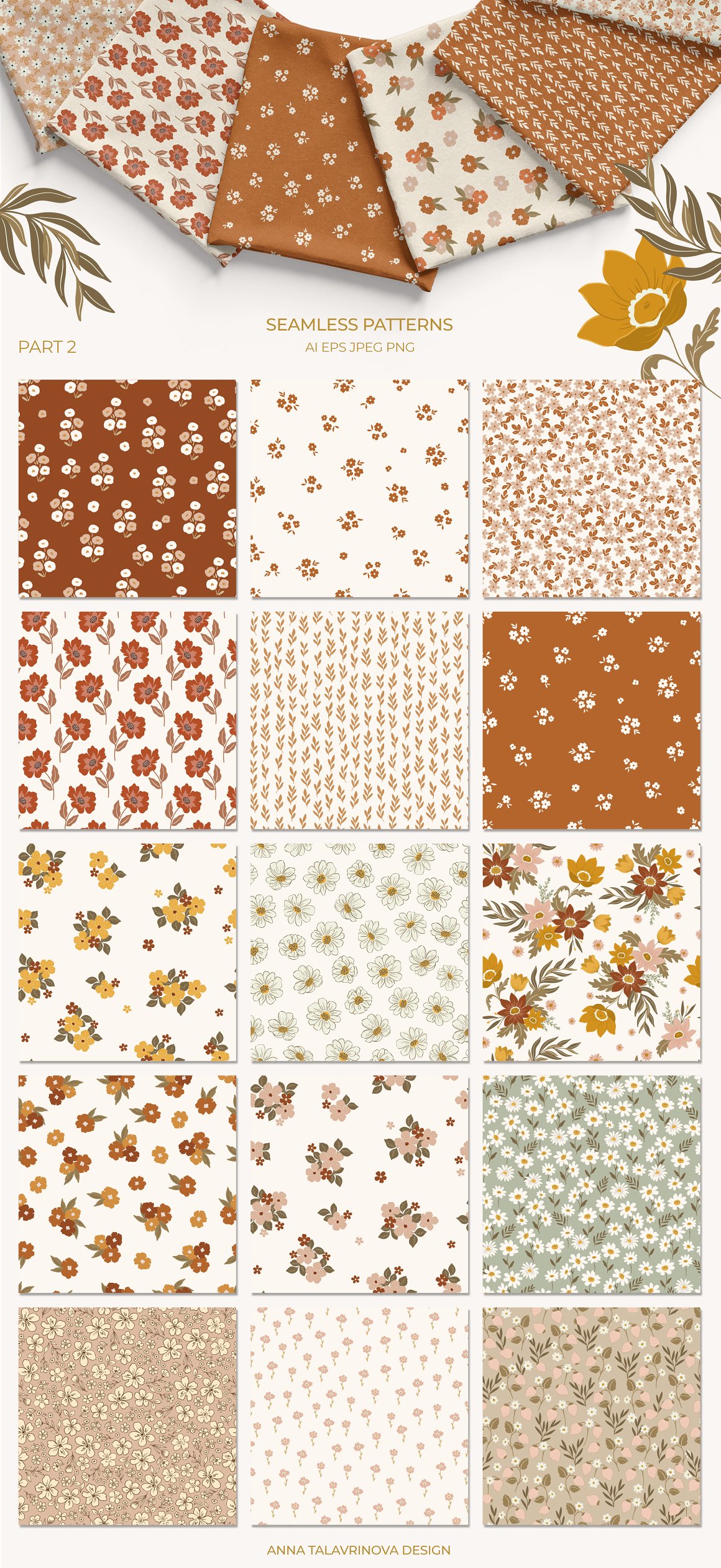 15 different warm florals seamless patterns on a gray background.