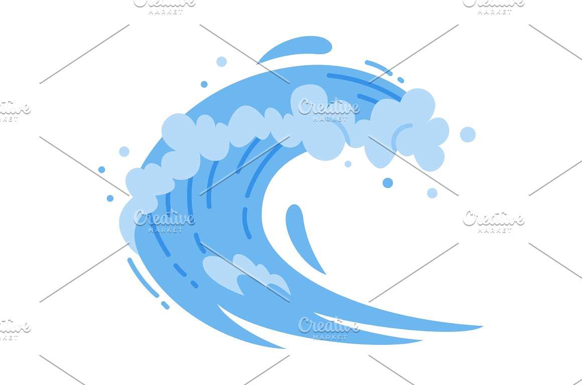 Blue illustration of wave water splash with foam on a white background.