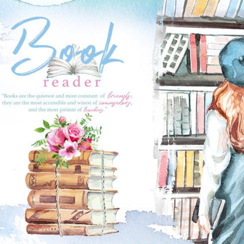 Watercolor book reader clipart set main image preview.