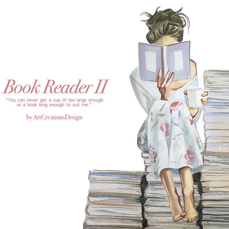Watercolor book reader clipart main image preview.