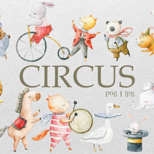 Watercolor Circus Clipart, Animals.