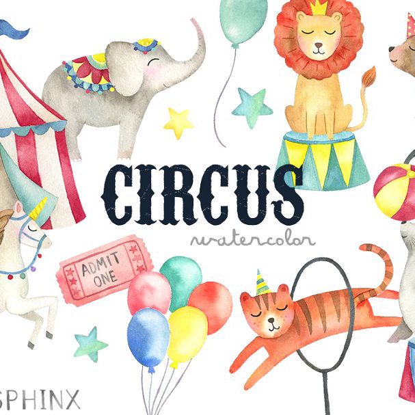 Watercolor circus clipart pack main image preview.