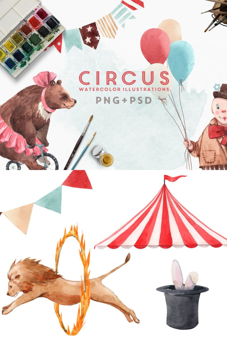 Watercolor Circus Set (PNG+PSD) – MasterBundles