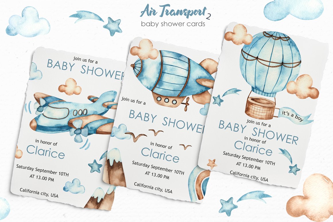 watercolor kids collection air transport baby shower cards 925
