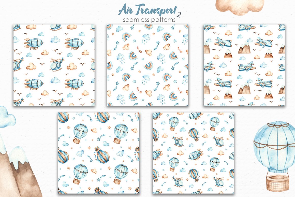 watercolor kids collection air transport seamless patterns 424