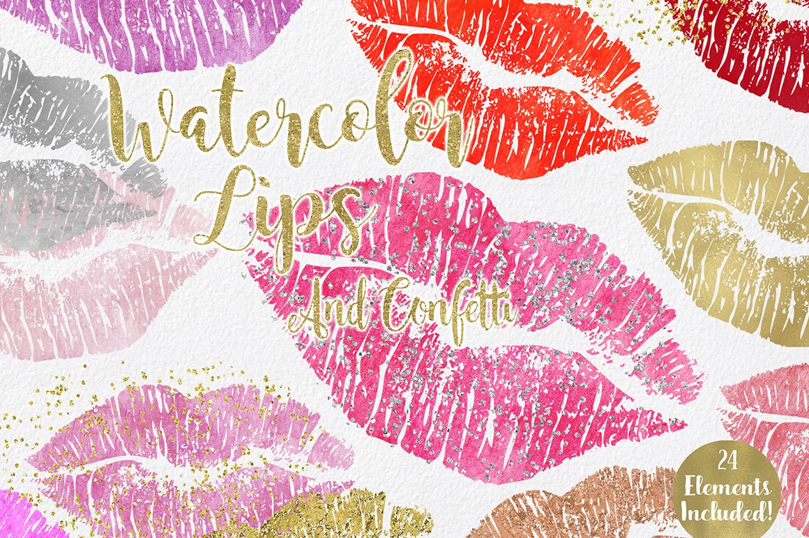 Golden lettering "Watercolor Lips and Confetti" and different lips on a gray background.