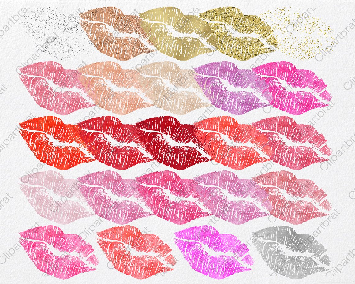 A set of watercolor illustrations of lips in different colors.