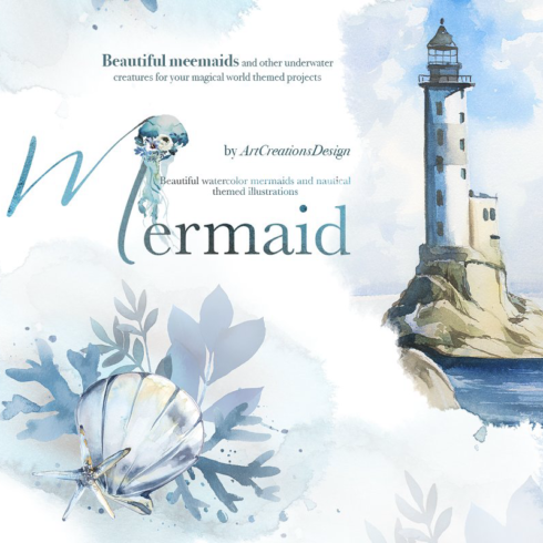 Watercolor mermaid clipart set main image preview.