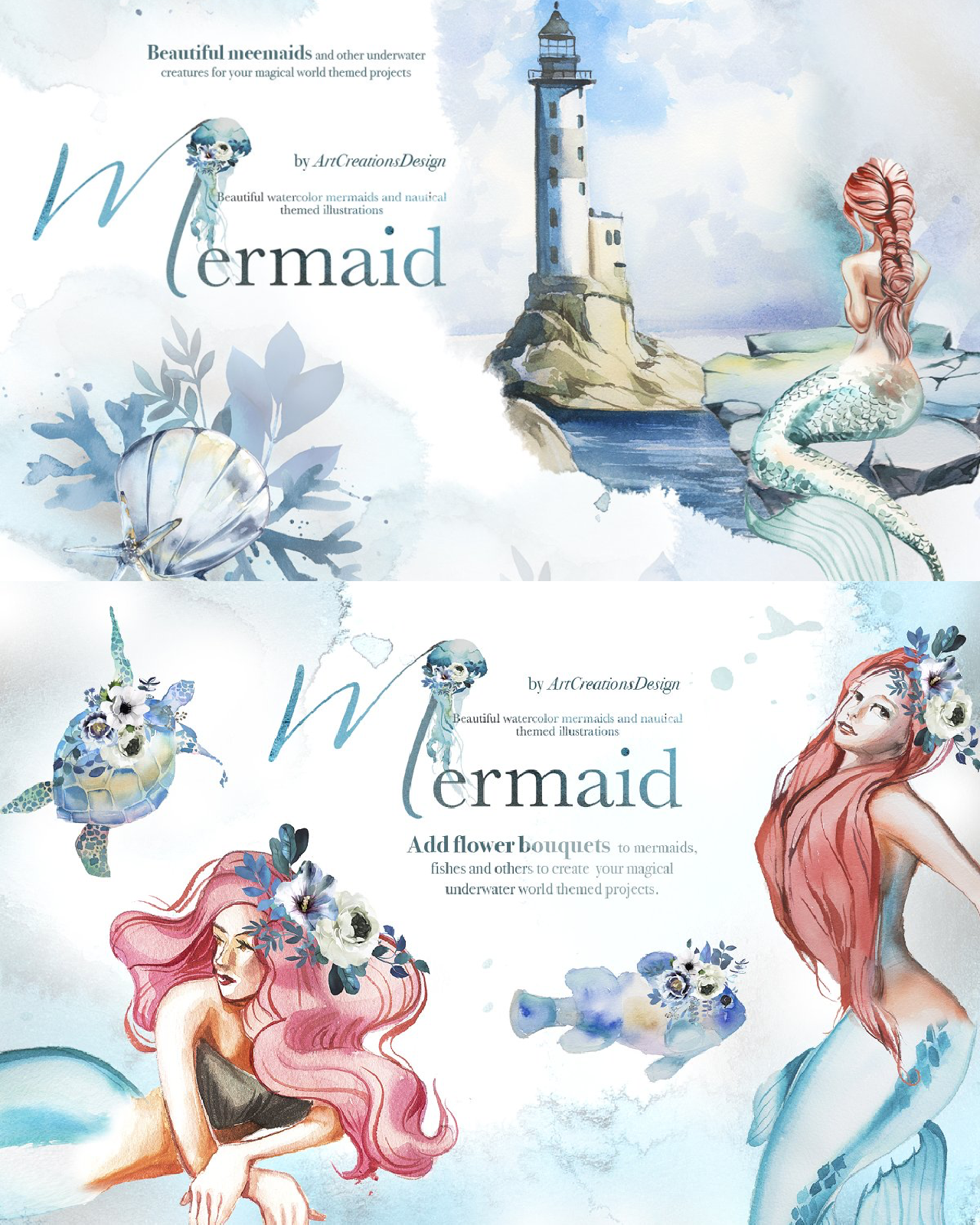 Watercolor mermaid clipart set pinterest image preview.