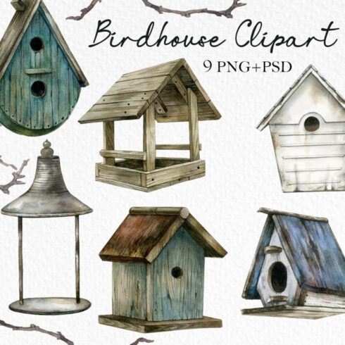 Watercolor Rustic Birdhouse Clipart.