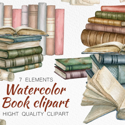 Watercolor vintage book clipart main image preview.