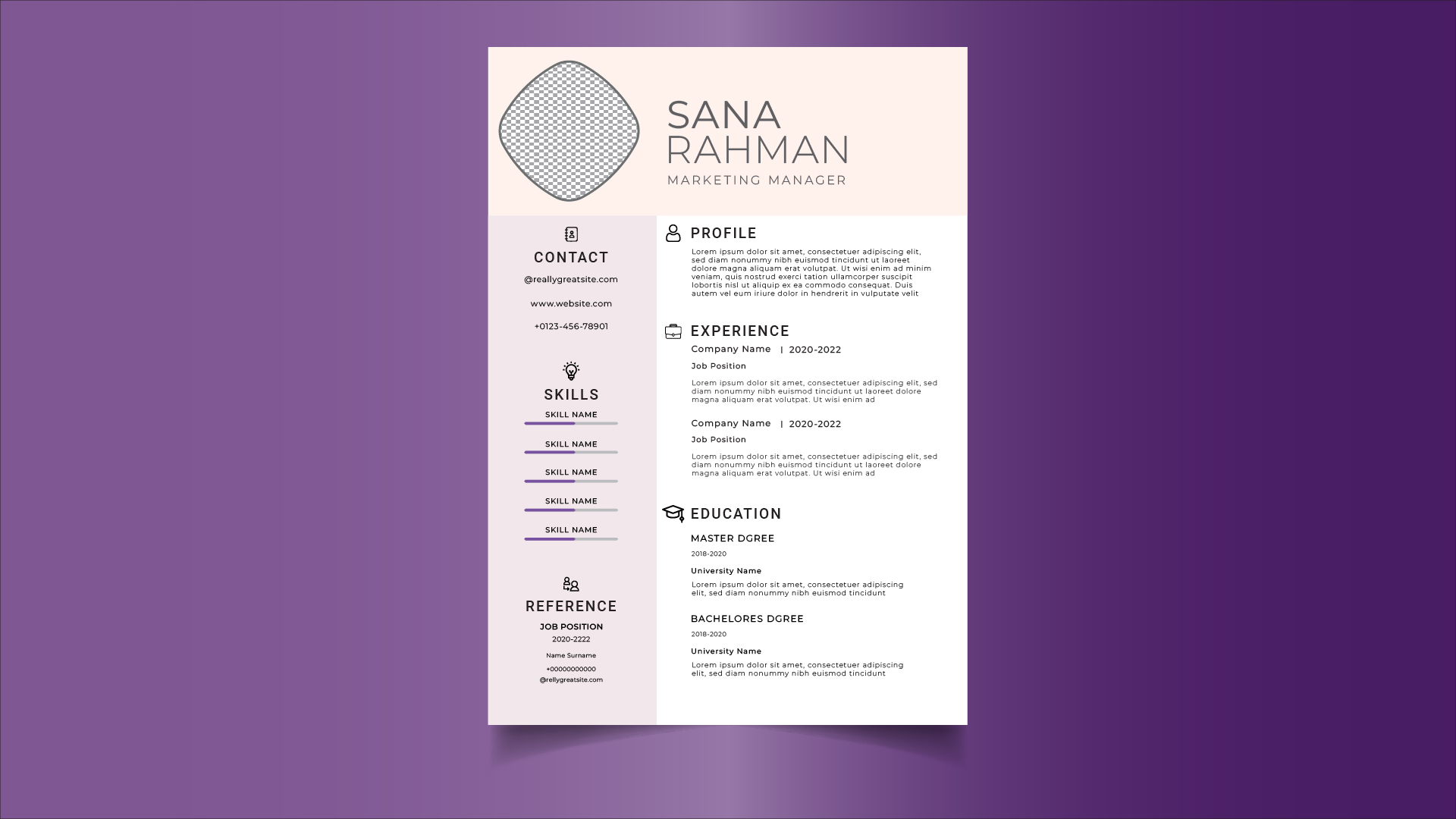 Purple and white resume template.