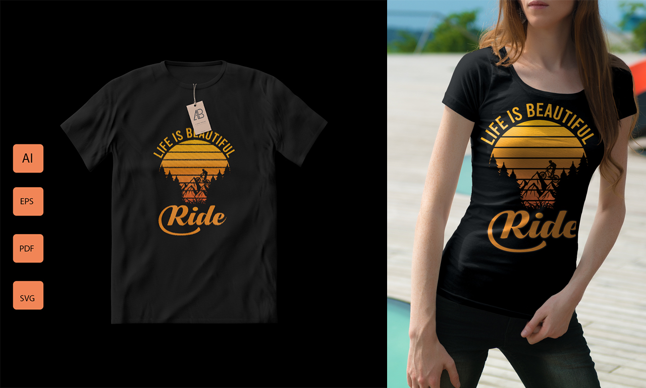 Woman black t-shirt with gold sunset.