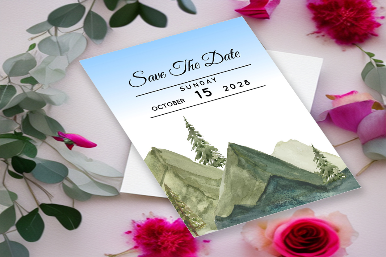 Image of an adorable wedding card with a landscape design