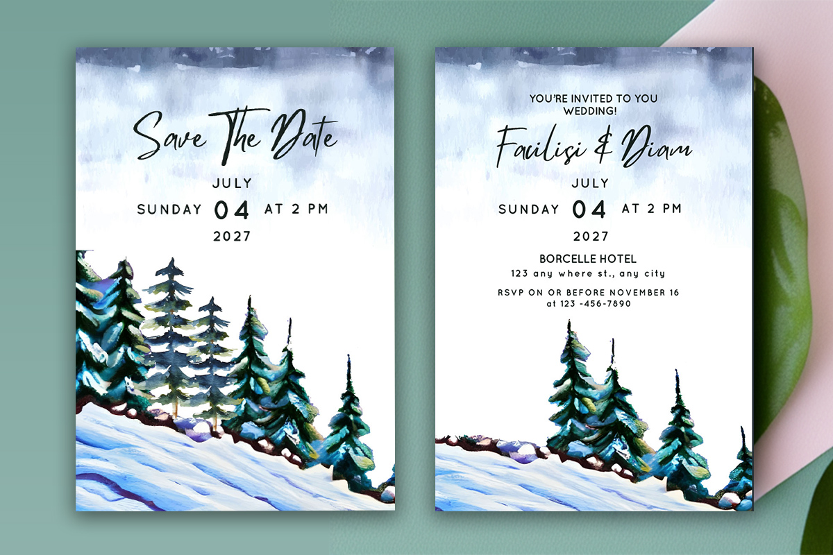 Snow Winter Pine Trees Wedding Card Facebook.
