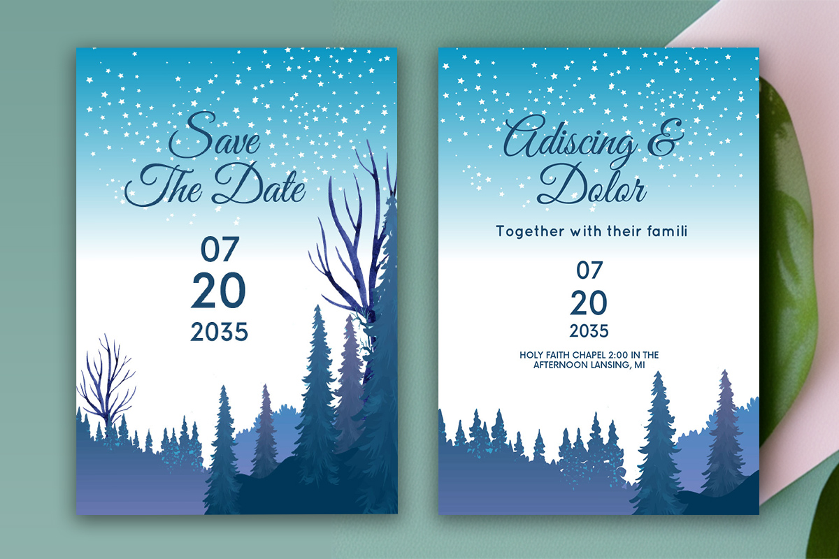 Winter Wedding Card with Frozen Landscape presentation.