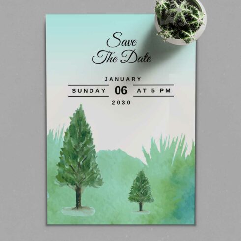 Winter Mountain Pine Tree Wedding Card presentation.