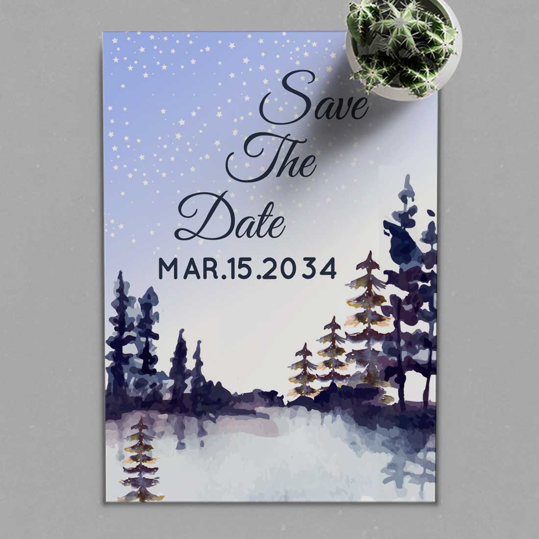 Landscape Tree with Winter Wedding Card presentation.