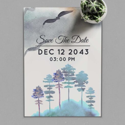 Hand Drawn Pine Tree Winter Wedding Card presentation.
