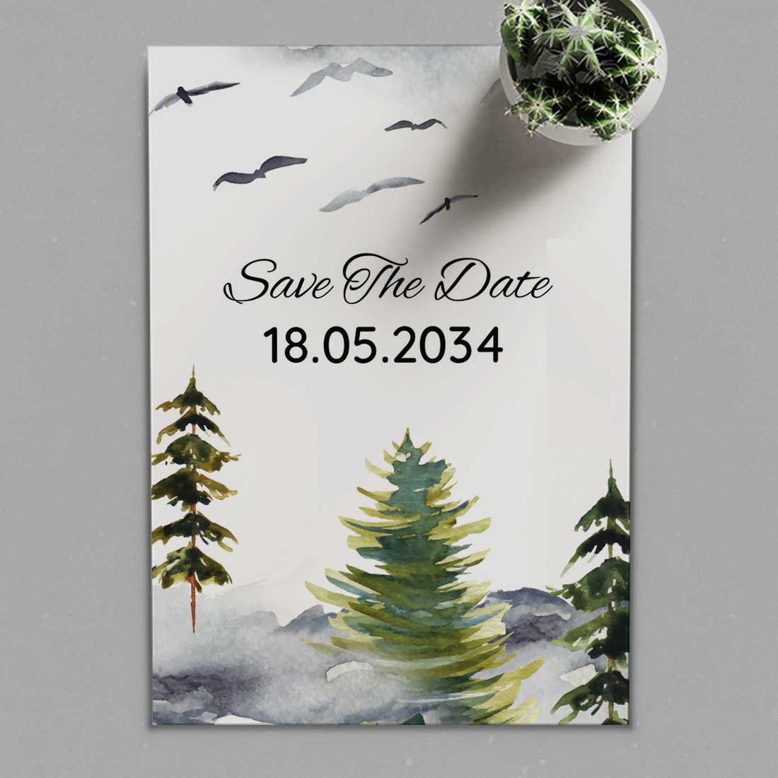 Woodland Winter Wedding Card Pine Tree presentation.