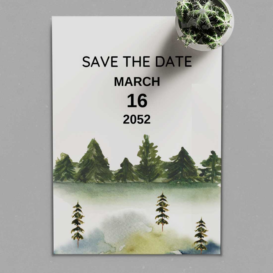 Simple Winter Wedding Card with Mountain and Pine Trees preview.