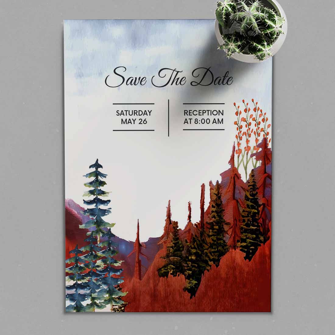 Beautiful Pine Trees Winter Wedding Card presentation.
