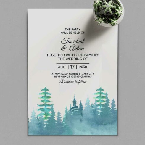 Forest and Mountains Winter Wedding Card presentation.