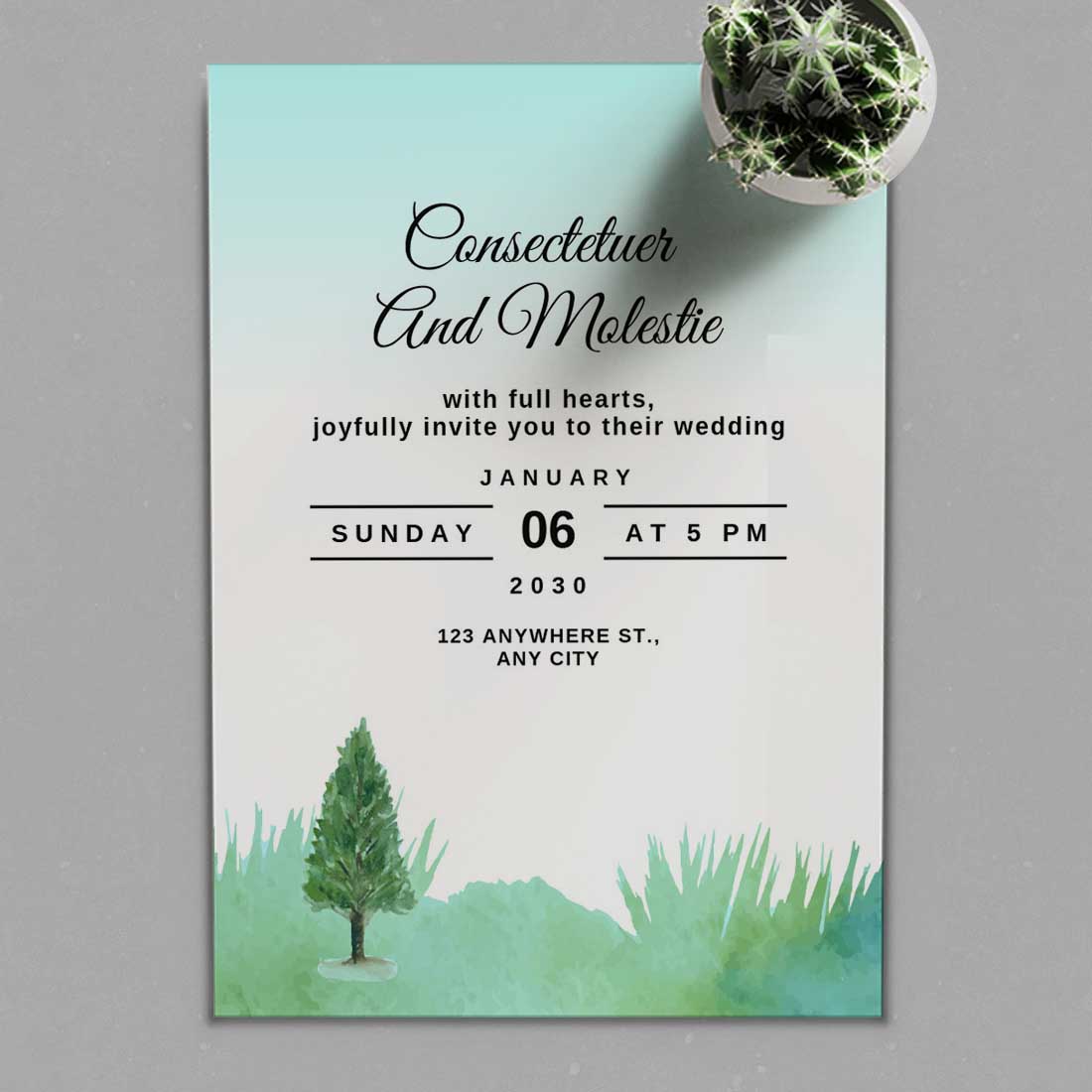 Winter Mountain Pine Tree Wedding Card preview.