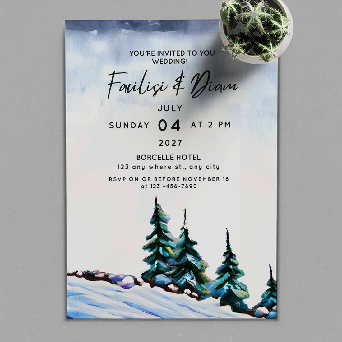 Snow Winter Pine Trees Wedding Card presentation.