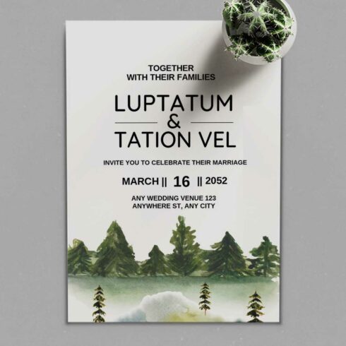 Simple Winter Wedding Card with Mountain and Pine Trees main cover.