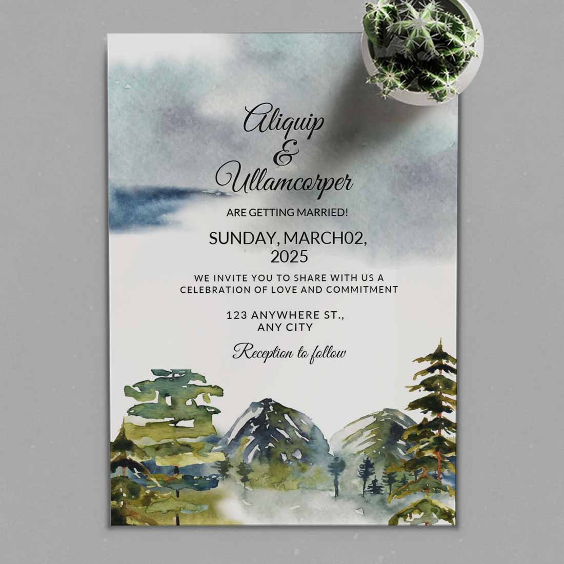 Green Forest Winter Wedding Card Design presentation.