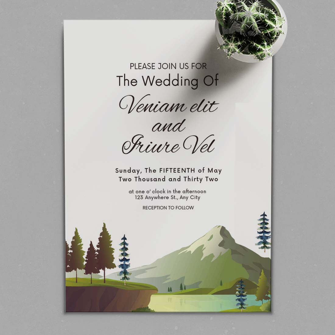 Winter Wedding Card in Snow Pine Forest presentation.