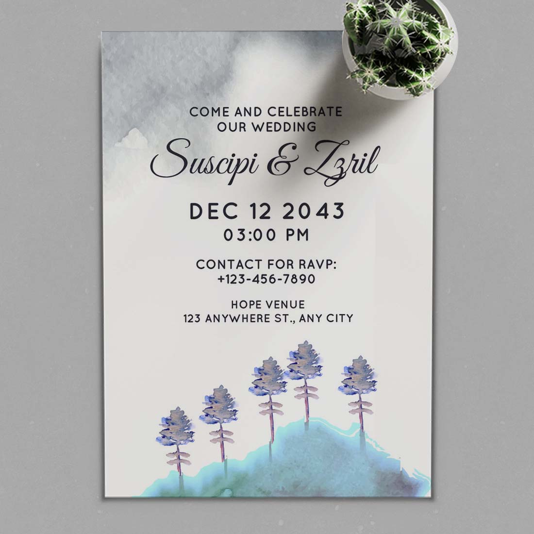 Hand Drawn Pine Tree Winter Wedding Card preview.