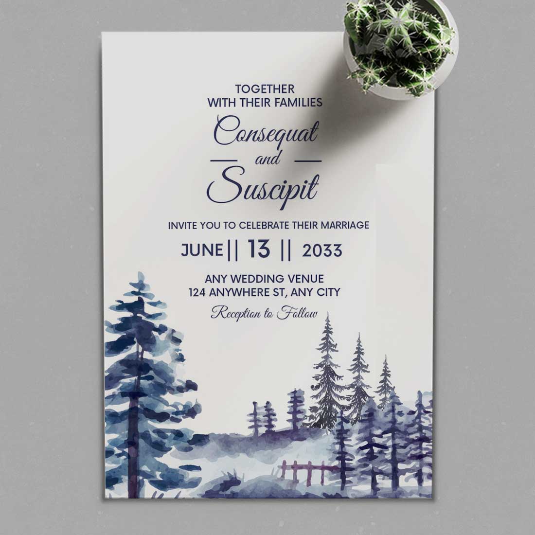 Winter Wedding Card Template with Frozen Landscape preview.
