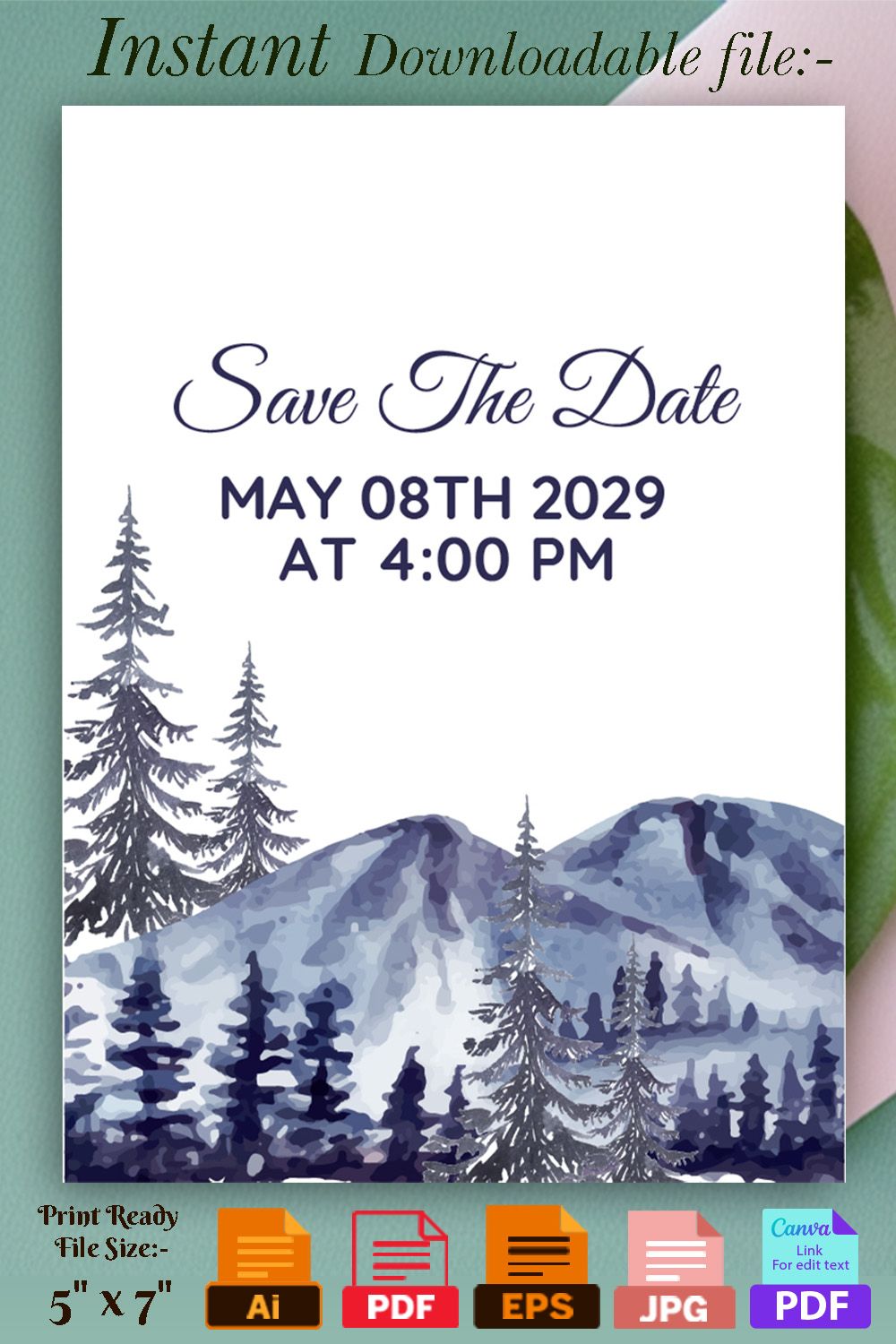 Pretty watercolor invitation with a fresh mountain breathe.