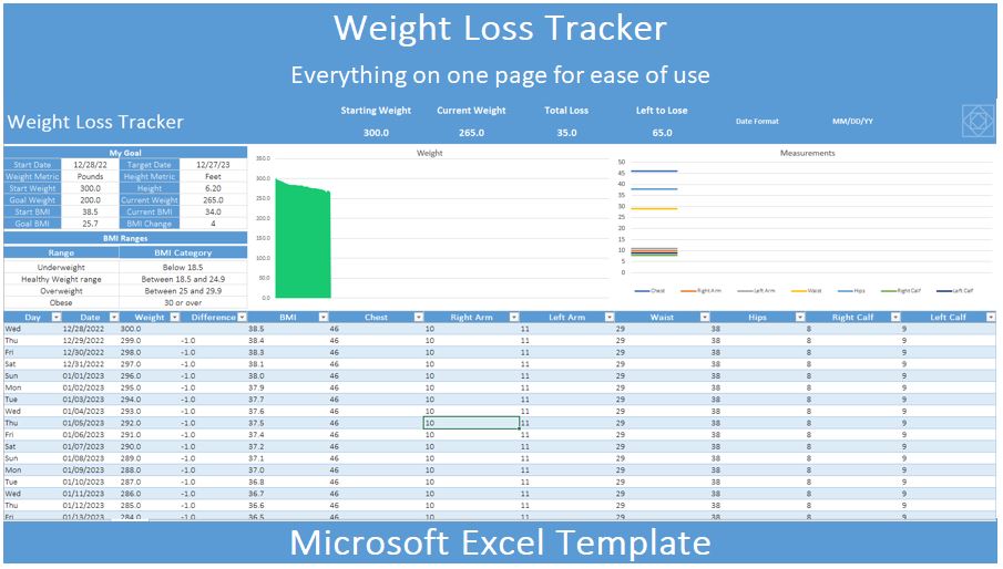 Editable Weight Loss Tracker Template for Microsoft Excel preview image.