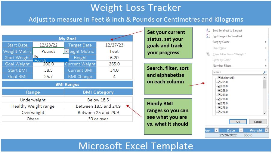 Weight Loss Tracker Editable Template for Microsoft Excel preview image.