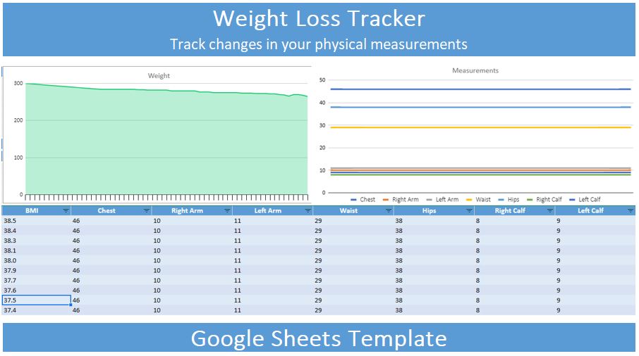Weight Loss Tracker Template Editable for Google Sheets preview image.