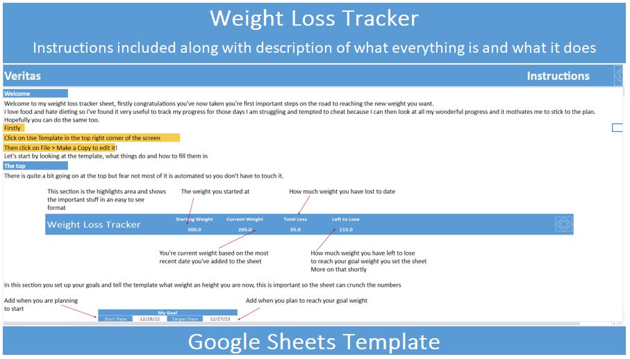 Simple Weight Loss Tracker Template Editable for Google Sheets preview image.