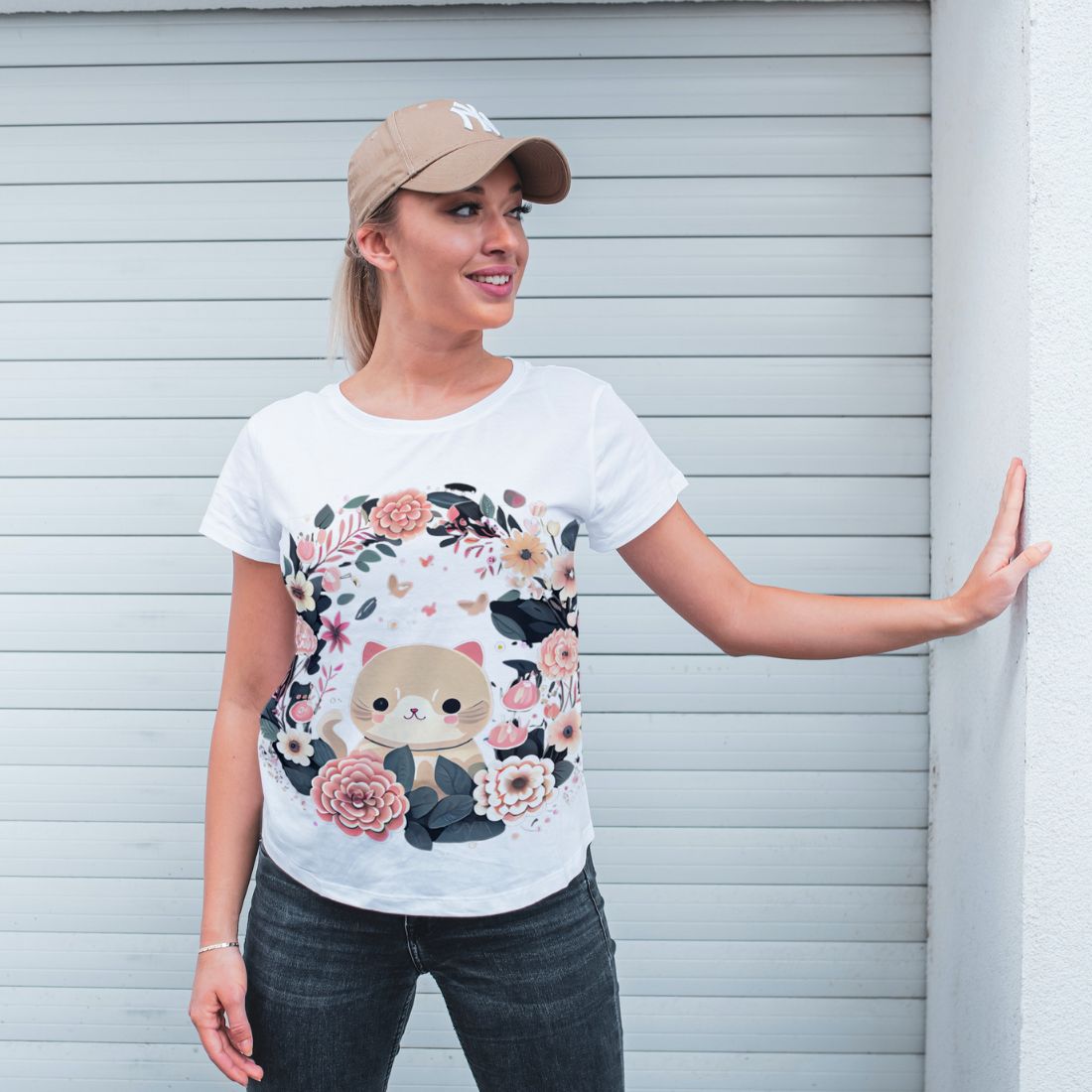 Woman wearing a t - shirt with a bear on it.