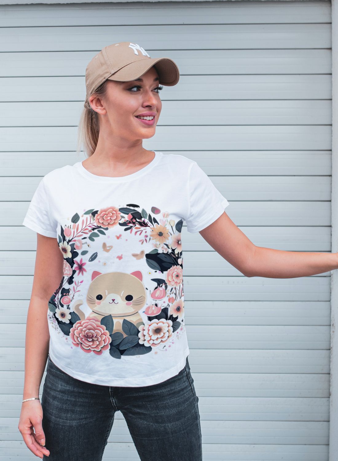 Woman wearing a t - shirt with a bear on it.