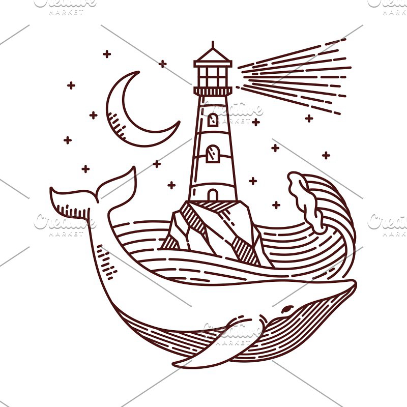 Whale and lighthouse lineart main cover.