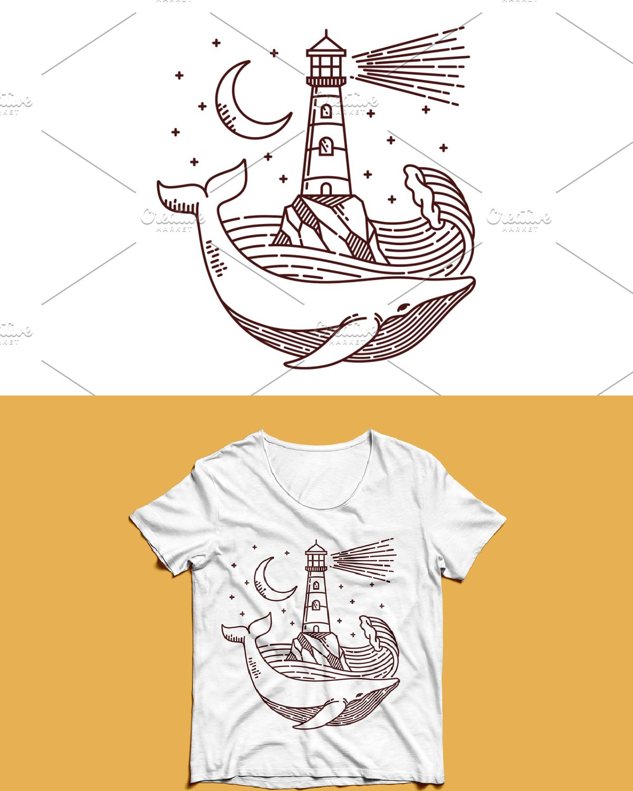 Whale and lighthouse lineart pinterest image.