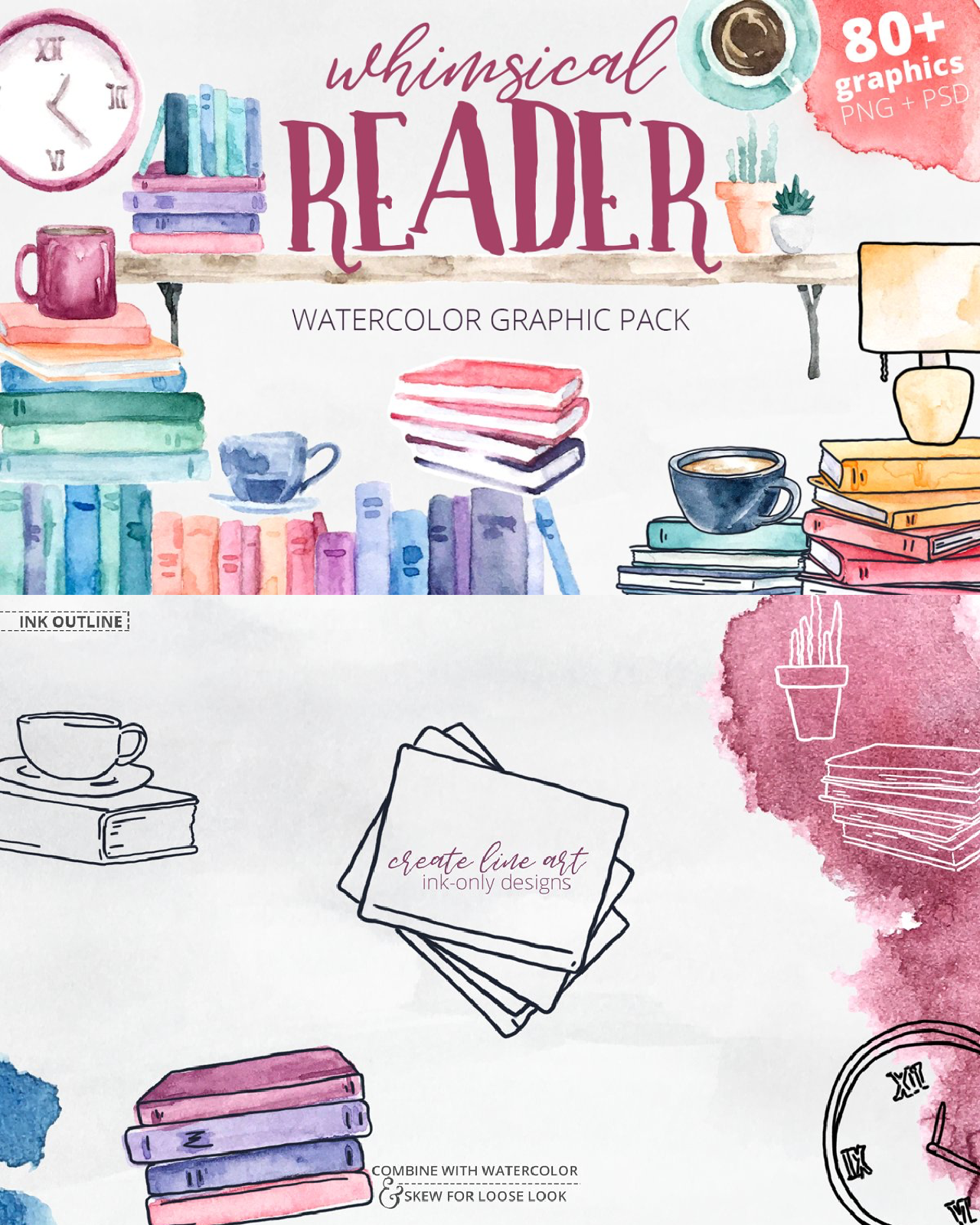 Whimsical reader watercolor pack pinterest image preview.