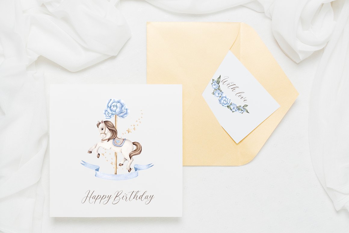 White greeting card and yellow envelope white visiting card.