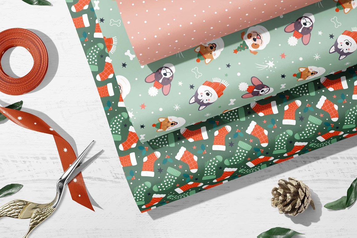3 different wrapping paper with christmas patterns.