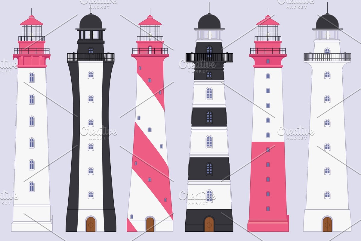 Cover image of Vector Outline Lighthouse Beacon Set.