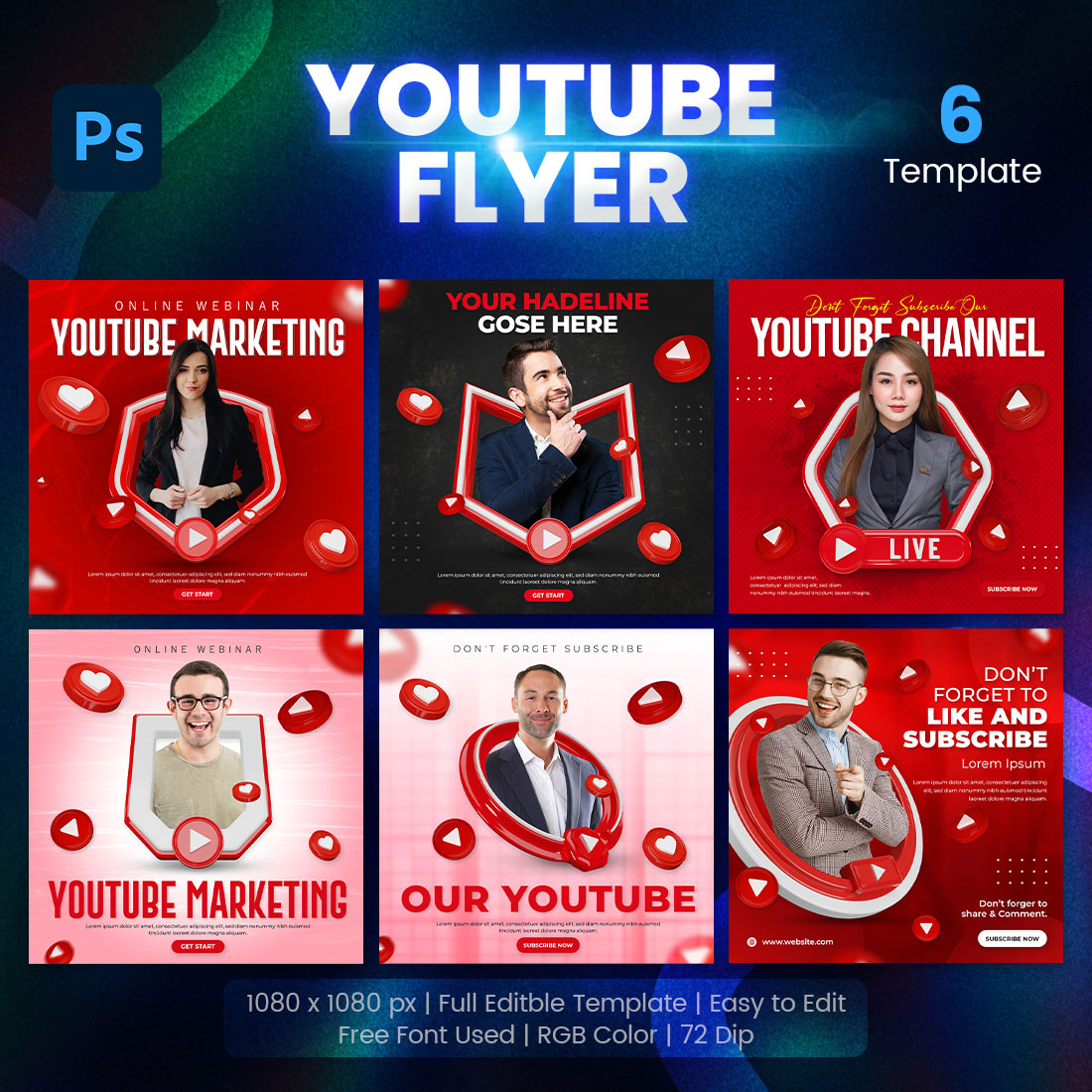 Youtube Marketing Social Media Promotion Post Template Set.